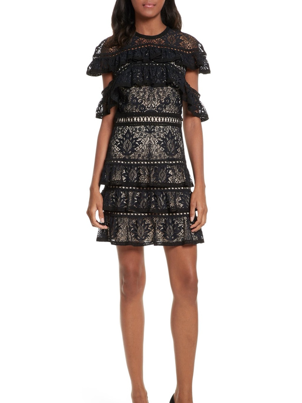 Alice and Olivia Josie Black Lace Tiered Ruffle Mini Dress